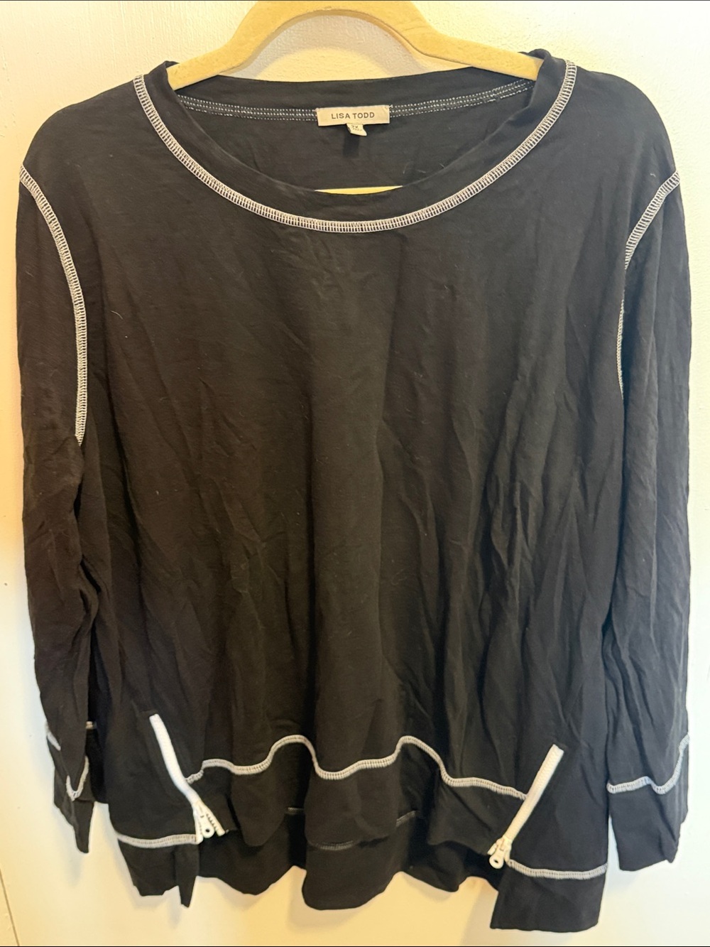 Lisa Todd Black Long-Sleeve Crewneck Top with Contrast Stitching